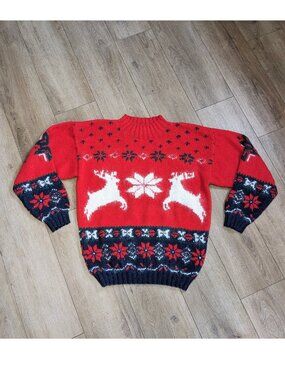 Vintage Michelle Stuart Hand Knit Christmas Reindeer Sweater Mohair Wool Medium